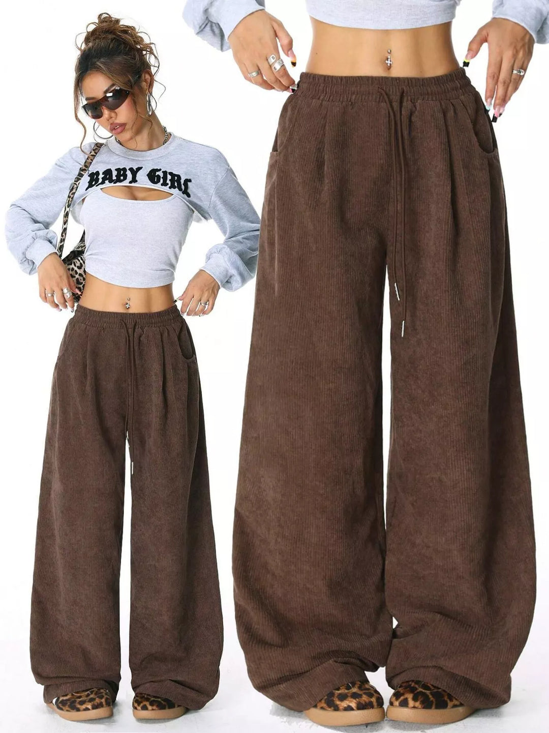 Corduroy wide-leg pants with drawstring waist