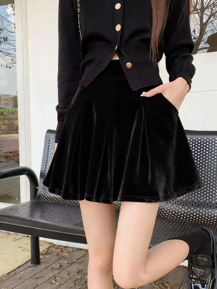 Velvet high-rise flared mini skort with pockets