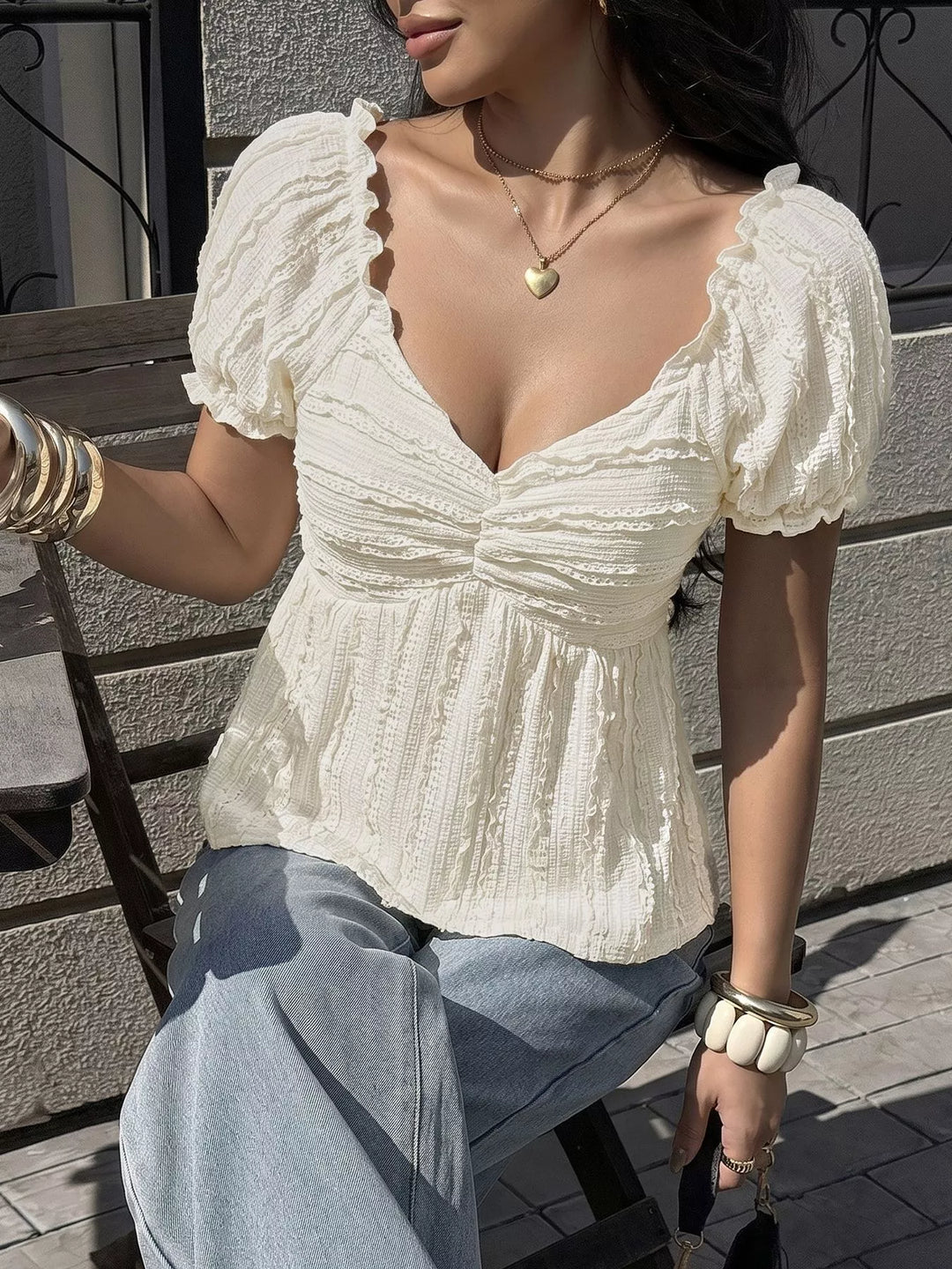 Ruched sweetheart neck puff sleeve babydoll top
