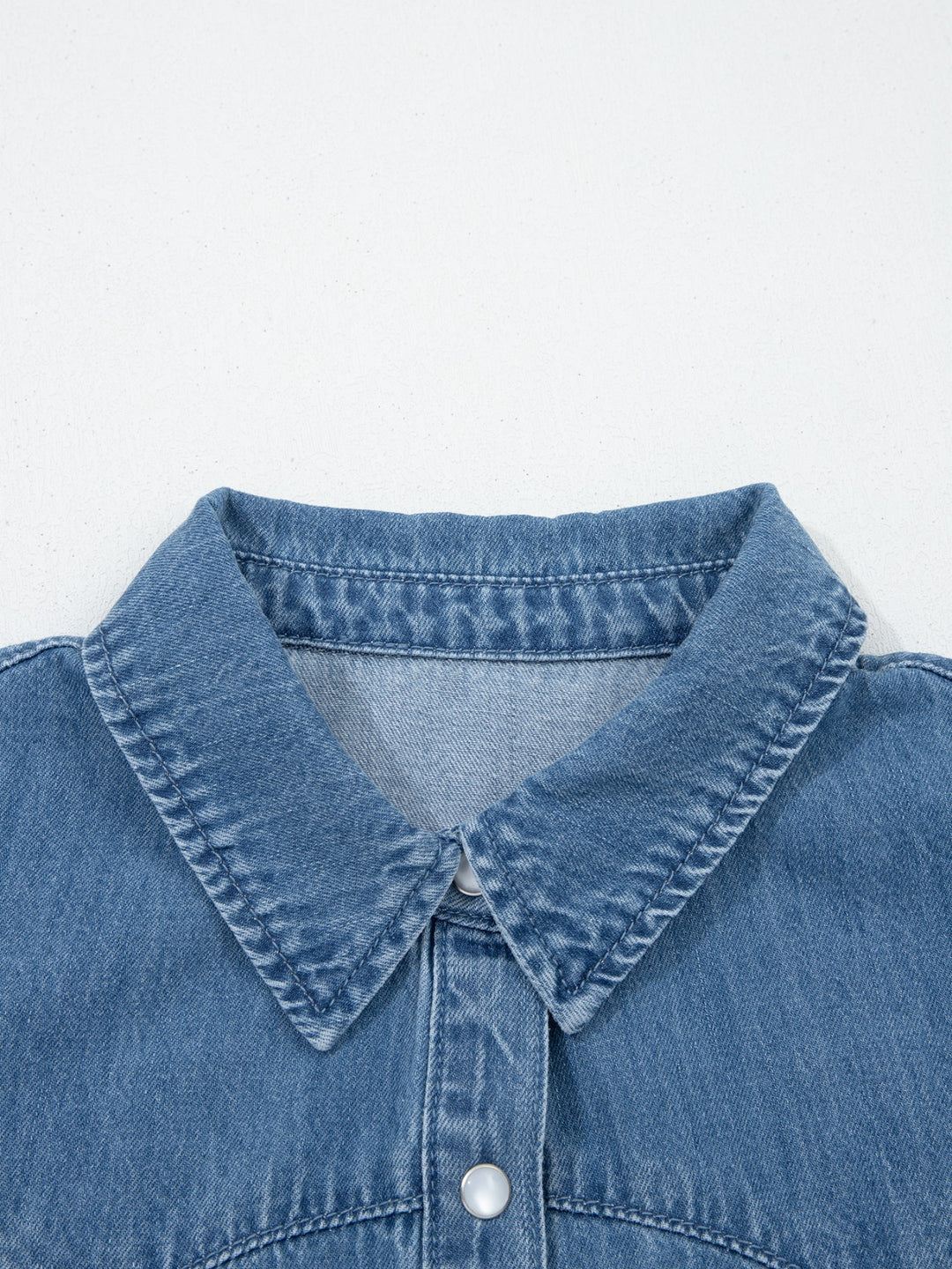 Ruffle sleeve denim button-down shirt with pearl snaps