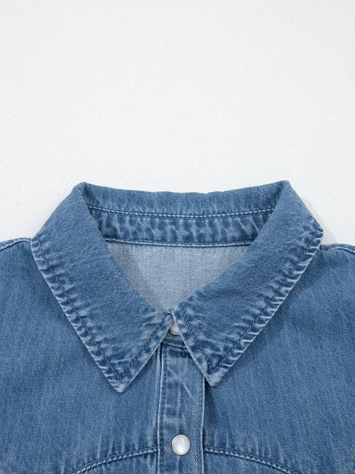 Ruffle sleeve denim button-down shirt with pearl snaps