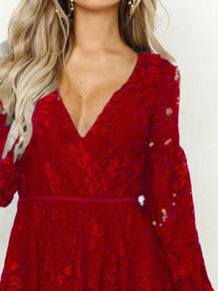 Floral lace V-neck long sleeve mini dress
