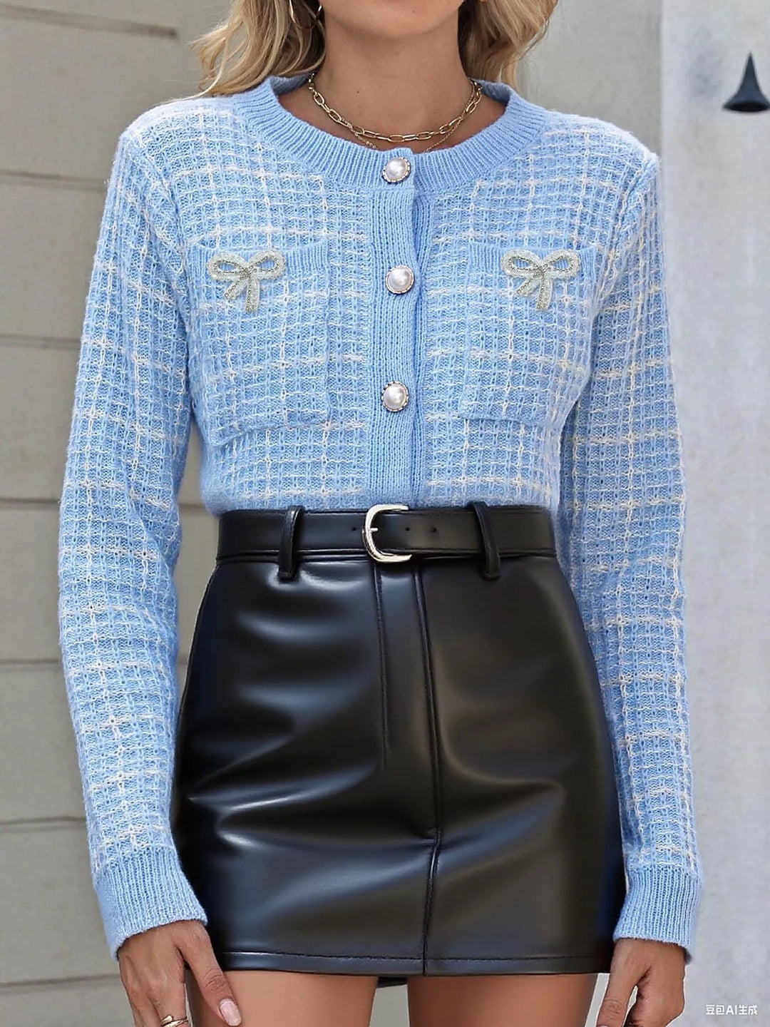 Plaid tweed knit cardigan with pearl buttons and bow patches