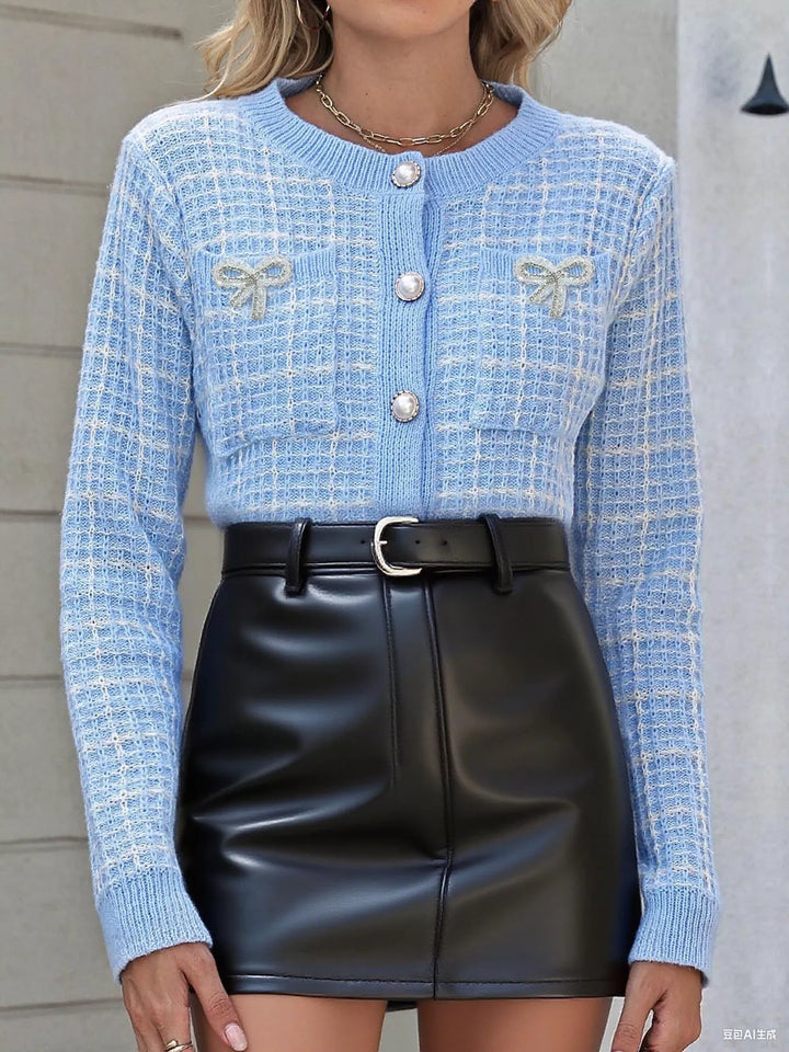 Plaid tweed knit cardigan with pearl buttons and bow patches