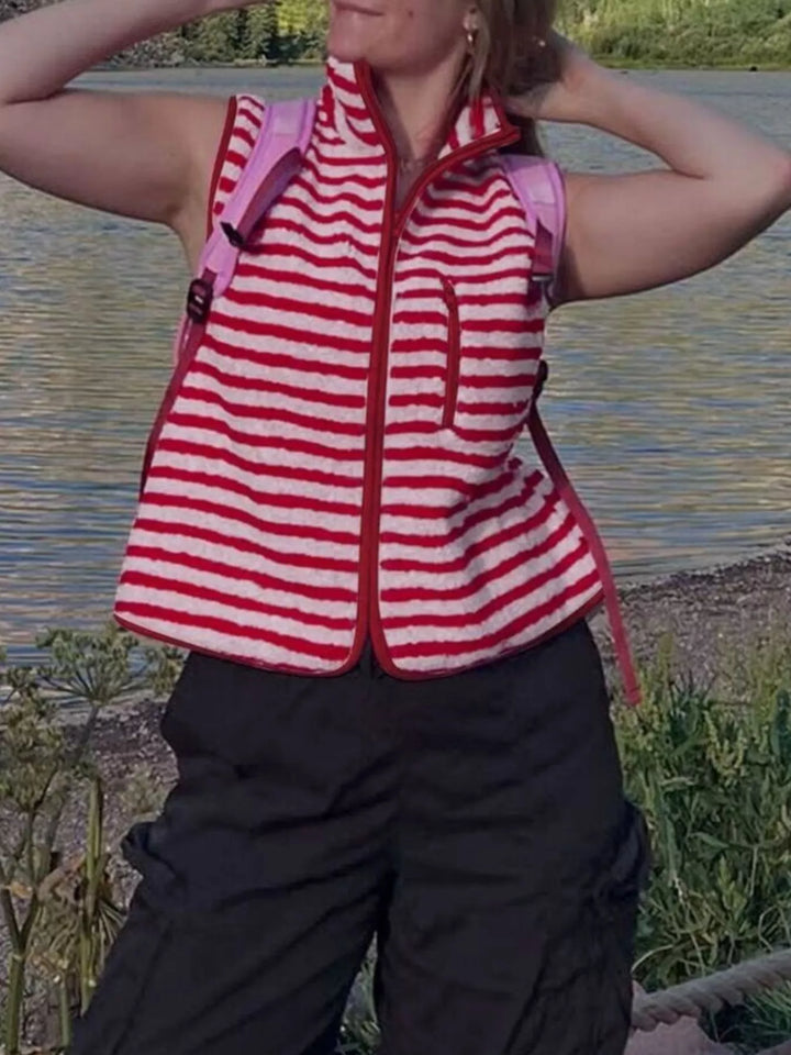 Striped fleece zip-up vest with stand collar