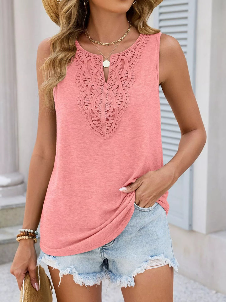 Coral Lace crochet-trim notch-neck sleeveless tank top