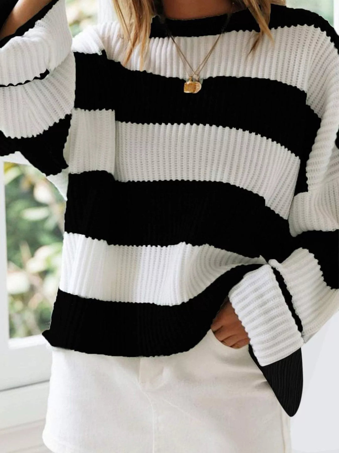 Black Oversized striped ribbed knit crew neck sweater