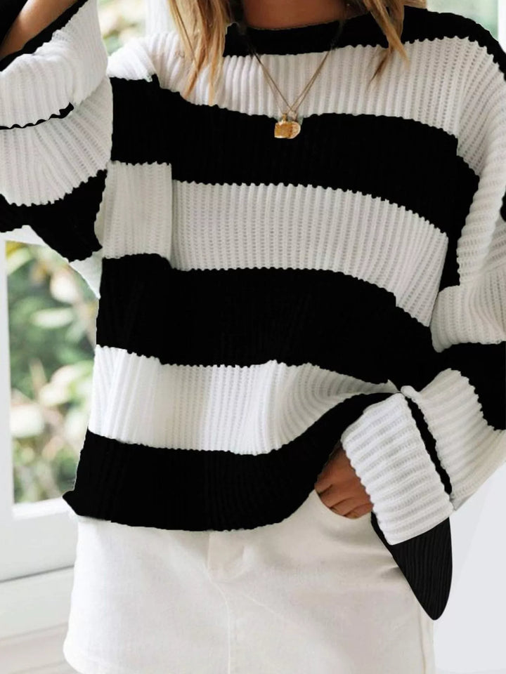 Black Oversized striped ribbed knit crew neck sweater