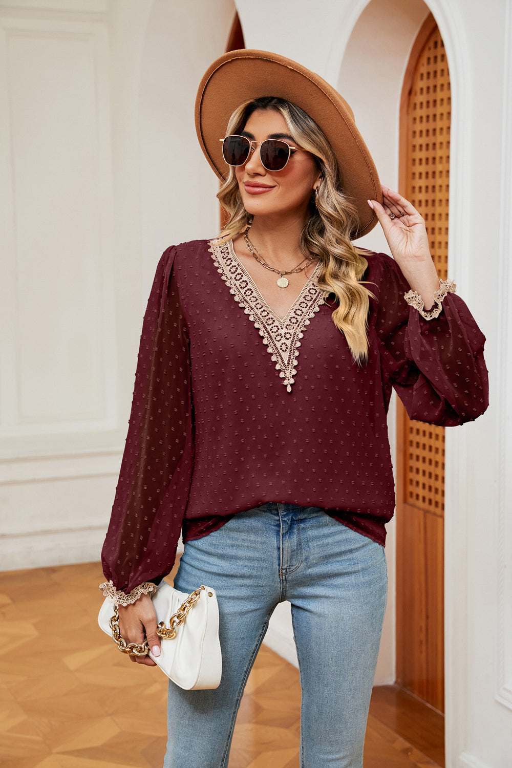 Swiss dot V-neck blouse with crochet lace trim and cuffs