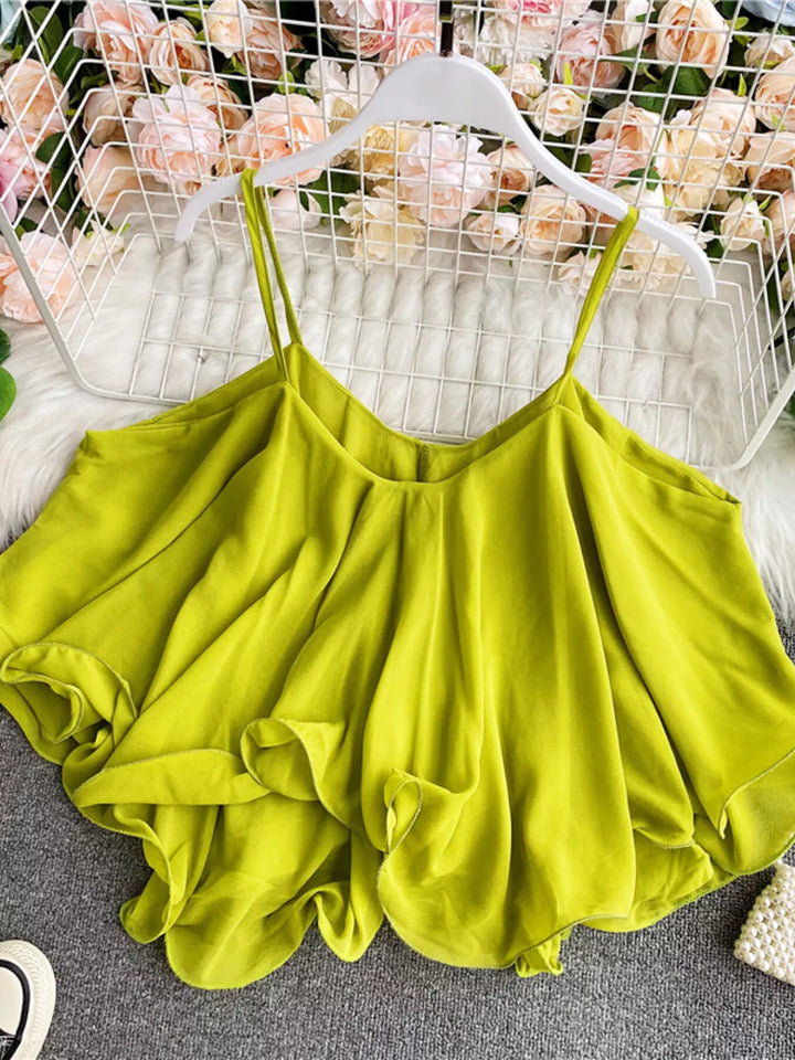 Light Green Flowy chiffon cami with ruffled hem and V-neck