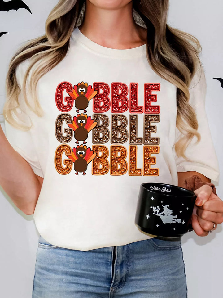 White Gobble turkey graphic Thanksgiving crew neck T-shirt
