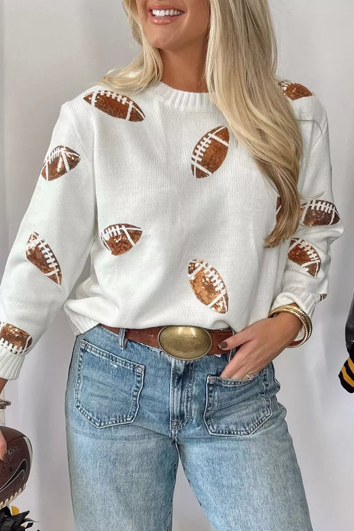 Sequin football knit sweater with ribbed crew neck