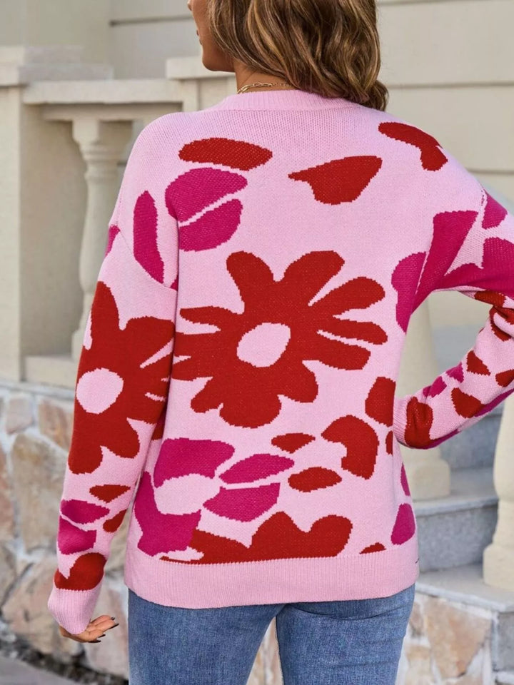 Retro floral knit crew neck pullover sweater