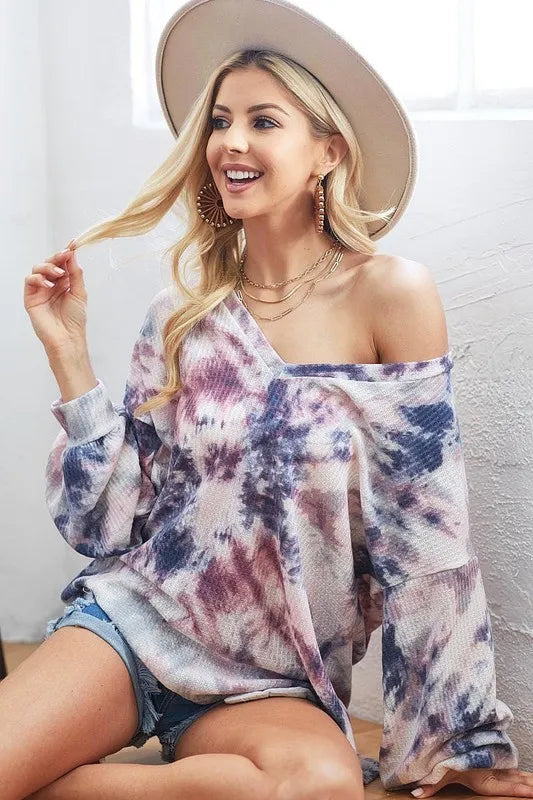 Tie-dye V-neck waffle knit long sleeve top