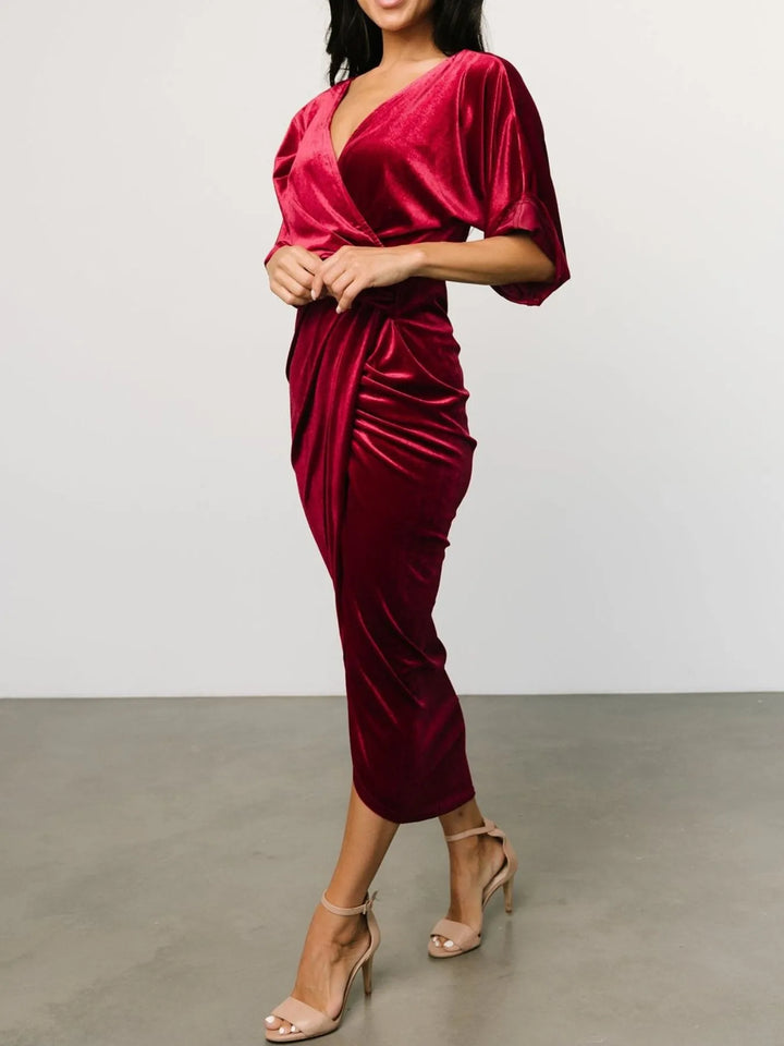 Ruched velvet wrap midi dress with surplice v-neck