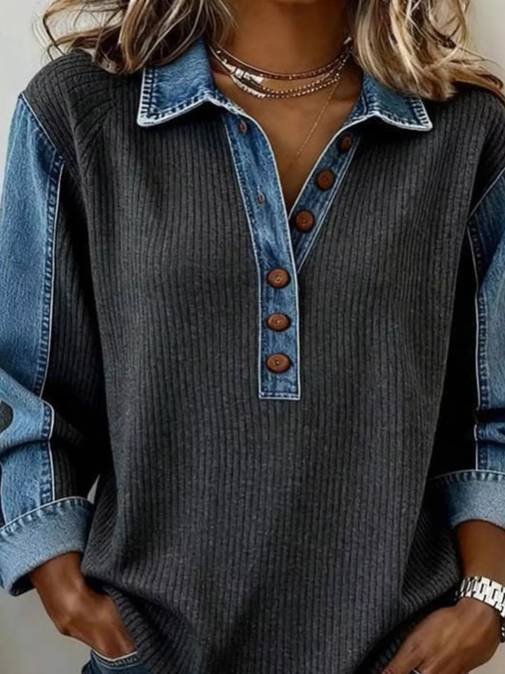 Ribbed knit sweatshirt with denim collar and button placket