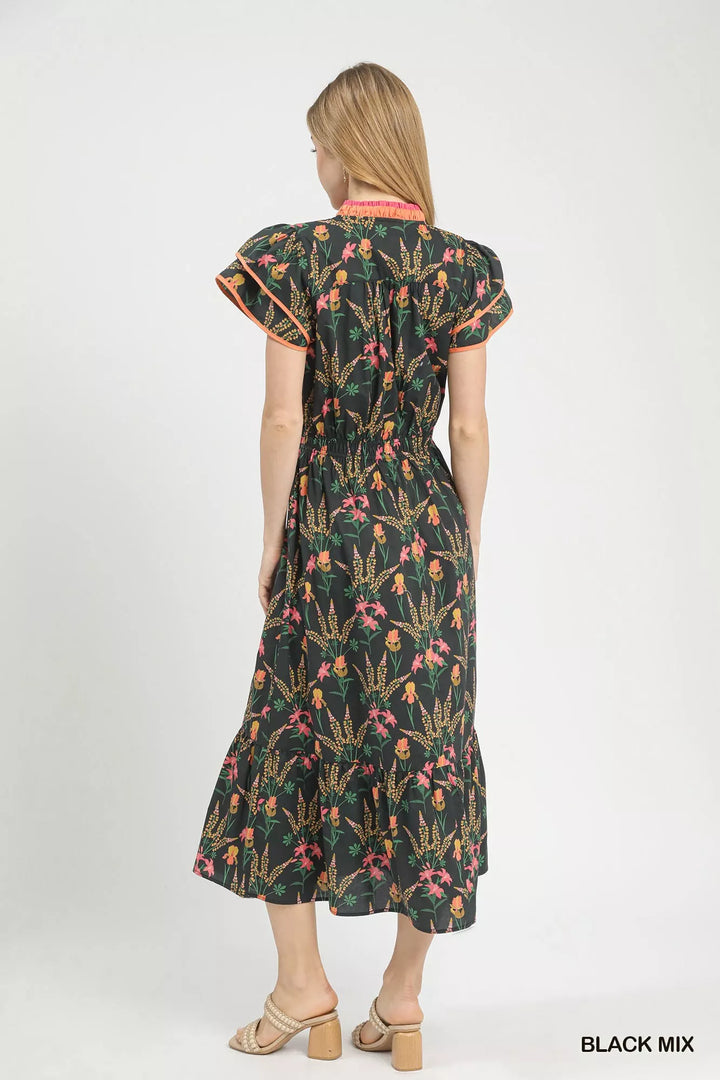 Mixed floral tiered midi dress with flutter sleeves