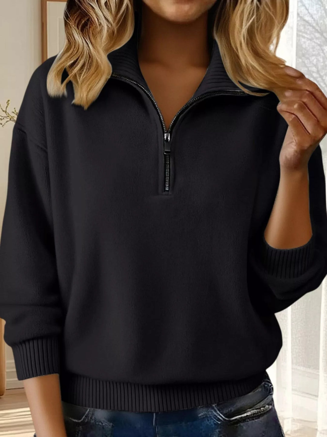 Black Half-zip dropped-shoulder knit sweater with ribbed collar