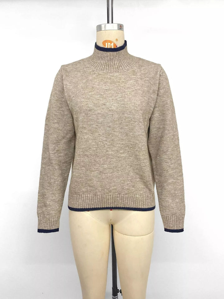 Contrast tipped mock neck sweater with ribbed trim
