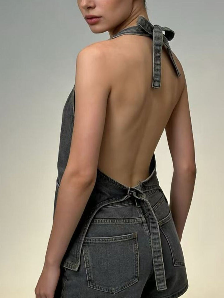 Halter neck button-down denim vest with patch pockets