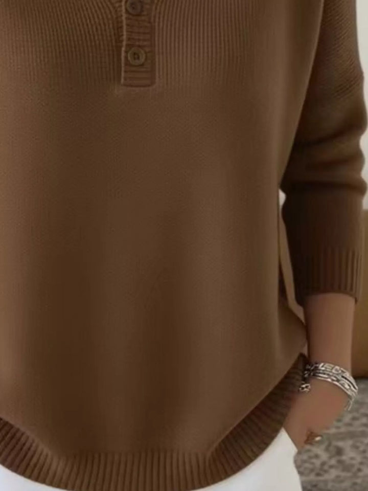 Henley button knit sweater with ribbed trim