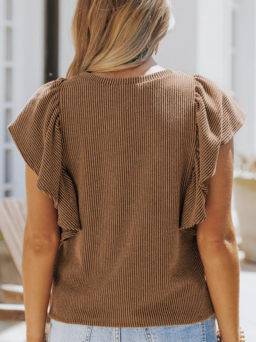 Ribbed knit top with ruffled cap sleeves