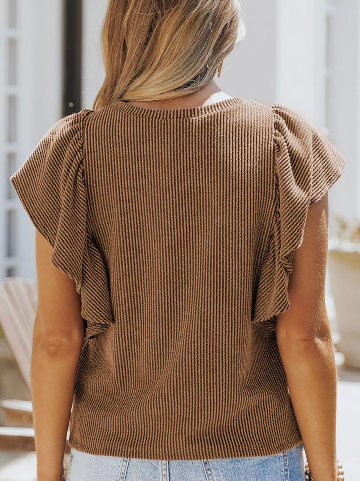 Ribbed knit top with ruffled cap sleeves