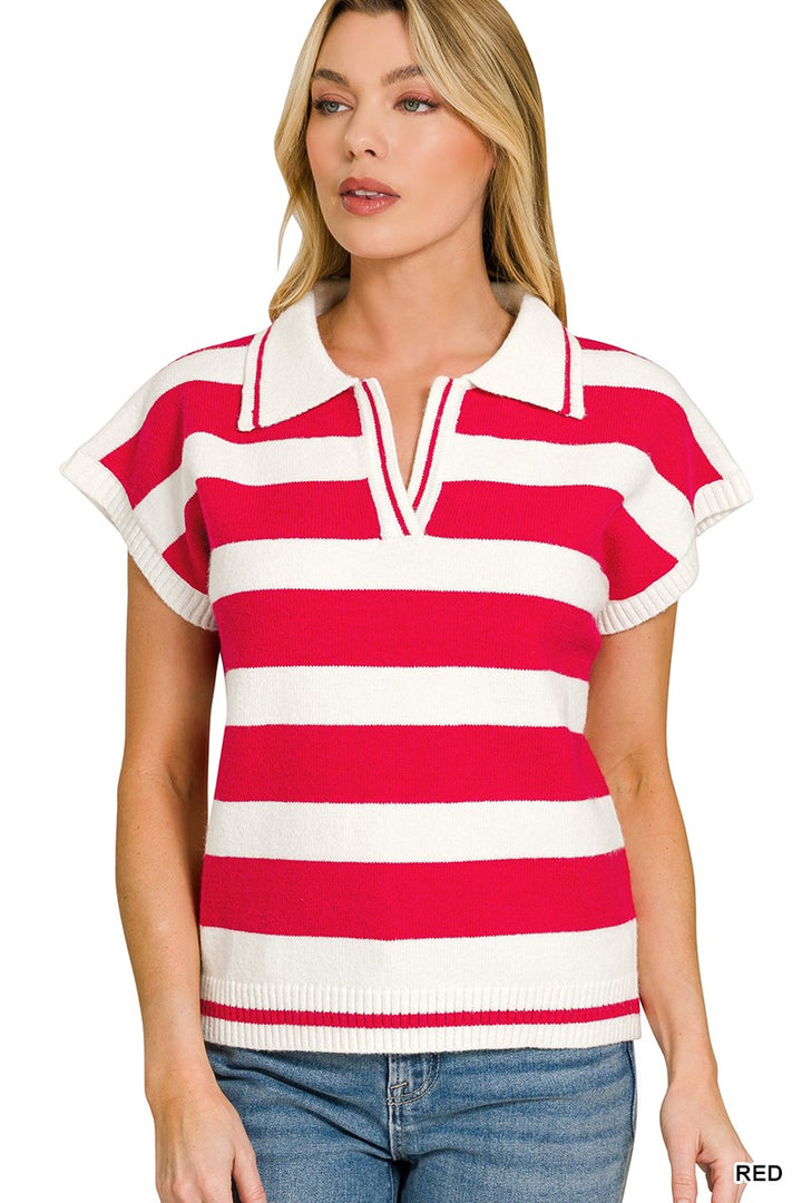 RED Striped collared short-sleeve knit polo sweater
