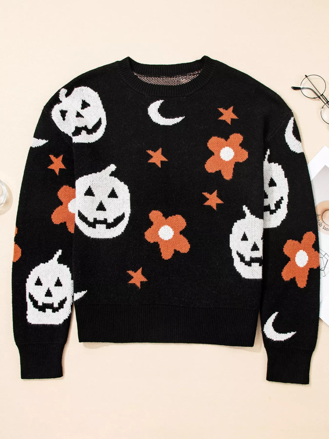 Halloween pumpkin print crew neck pullover sweater