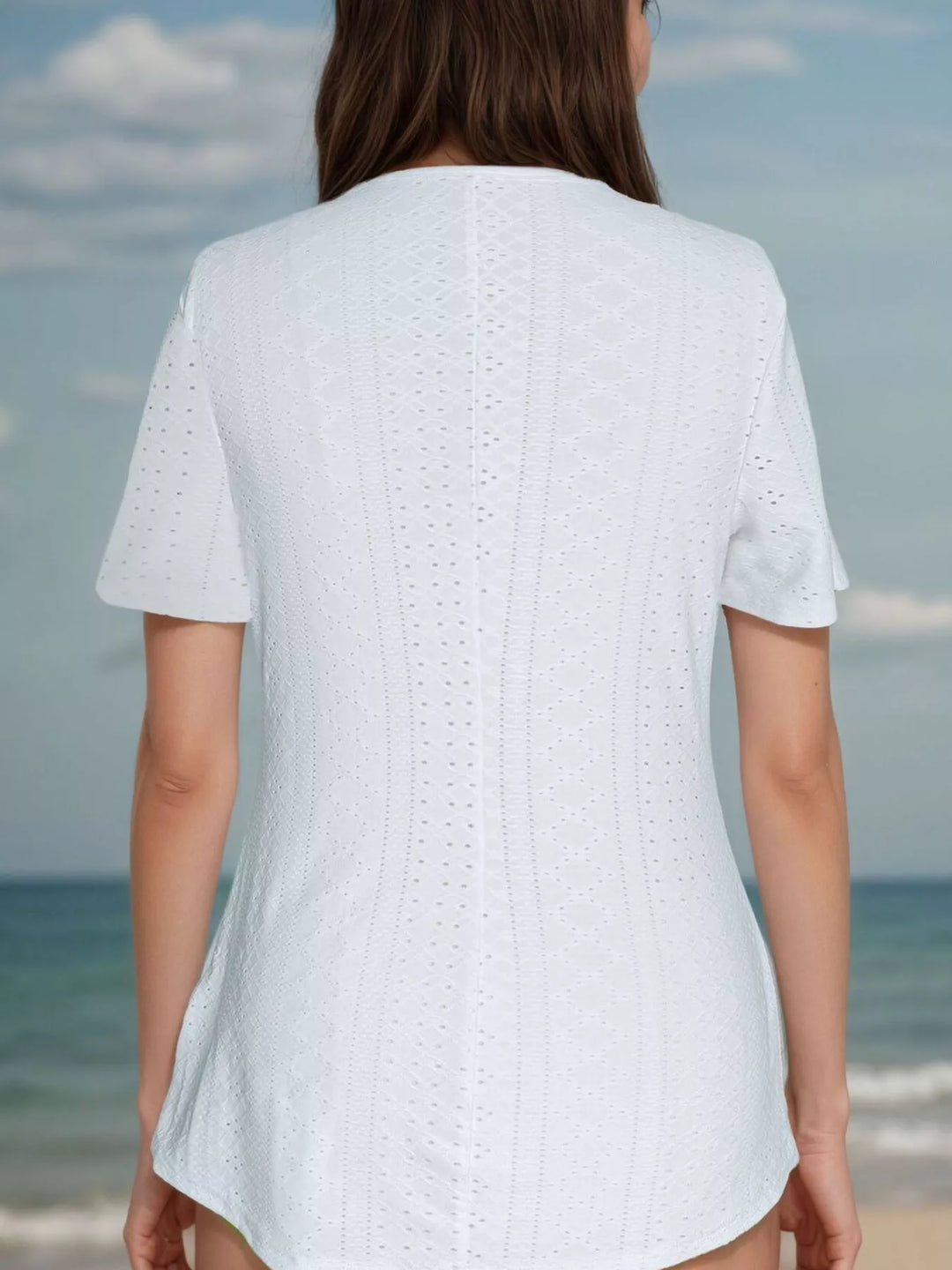 Eyelet short sleeve tunic top with floral lace yoke
