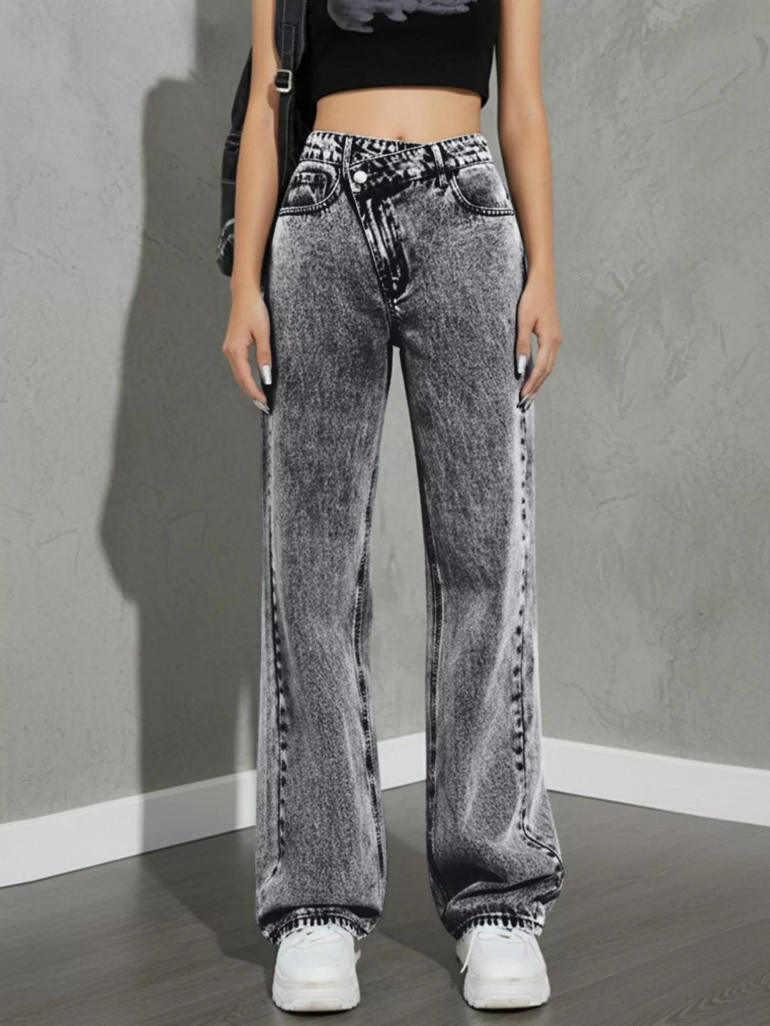 Asymmetric crossover high-rise wide leg jeans