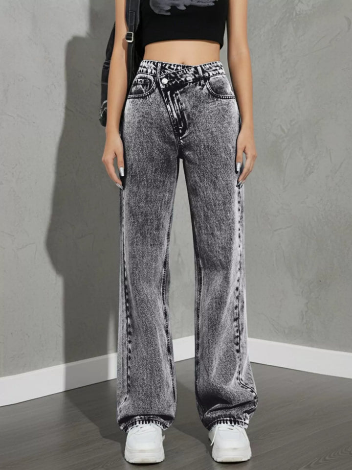 Asymmetric crossover high-rise wide leg jeans