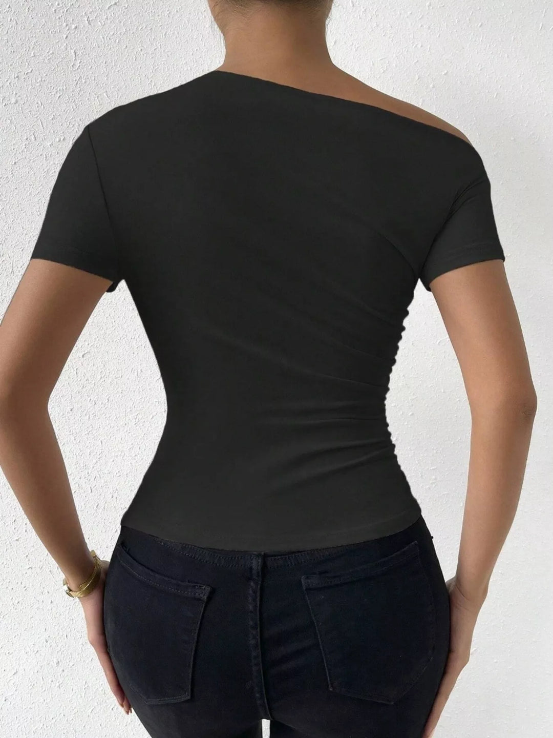 Ruched asymmetric single-shoulder short sleeve top