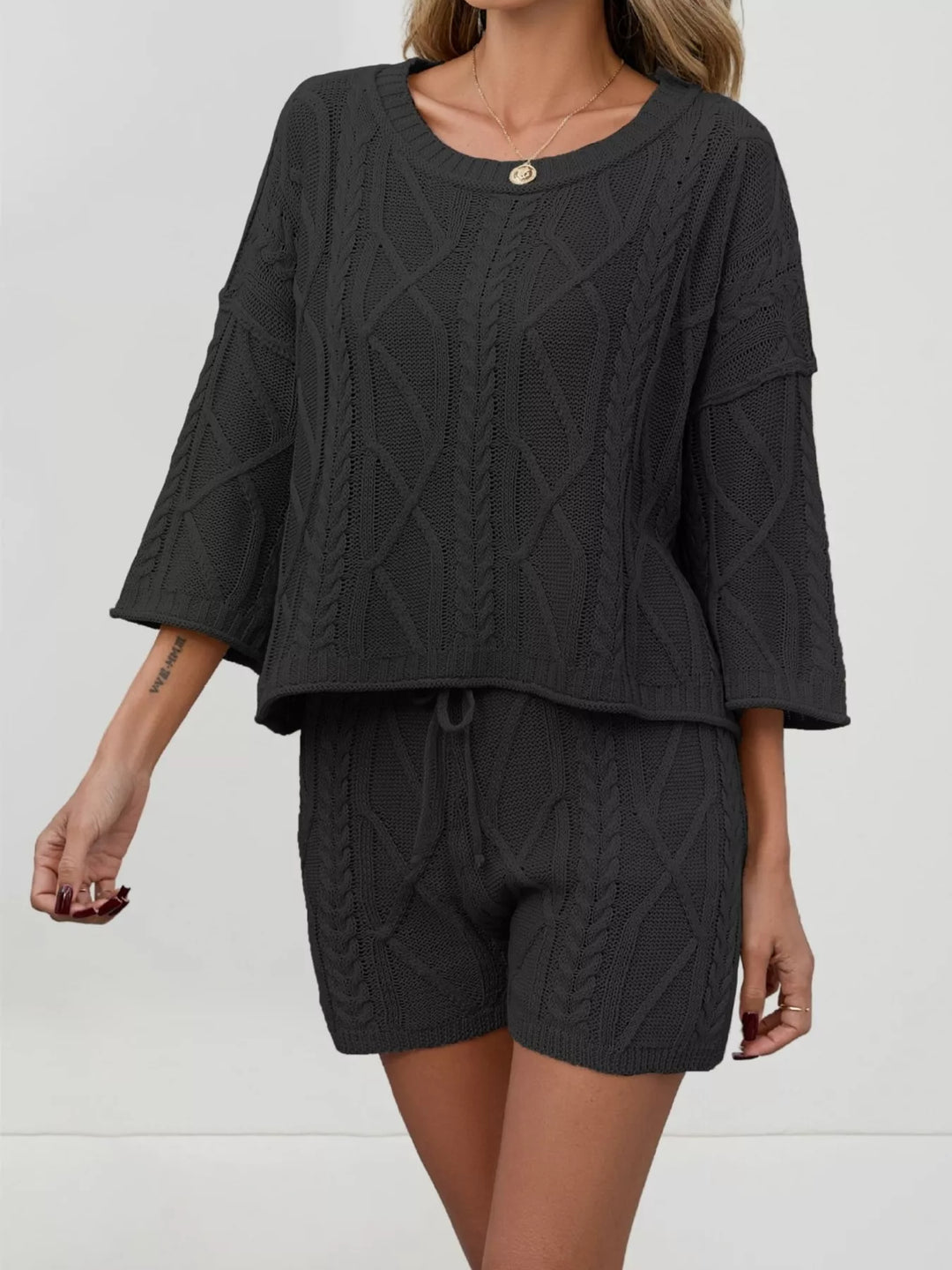 Cable knit three quarter sleeve sweater and shorts set