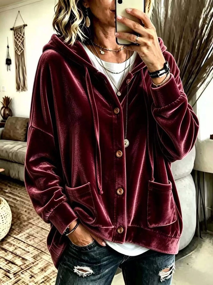 Burgundy Oversized hooded button-up jacket with patch pockets