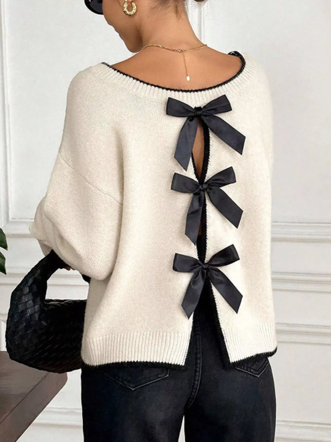 Apricot Contrast trim knit sweater with back bow ties