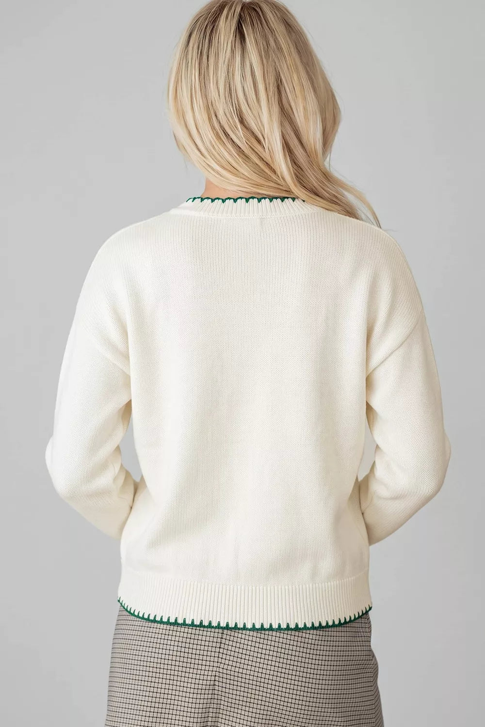 Gingham ribbon tree applique blanket stitch knit sweater