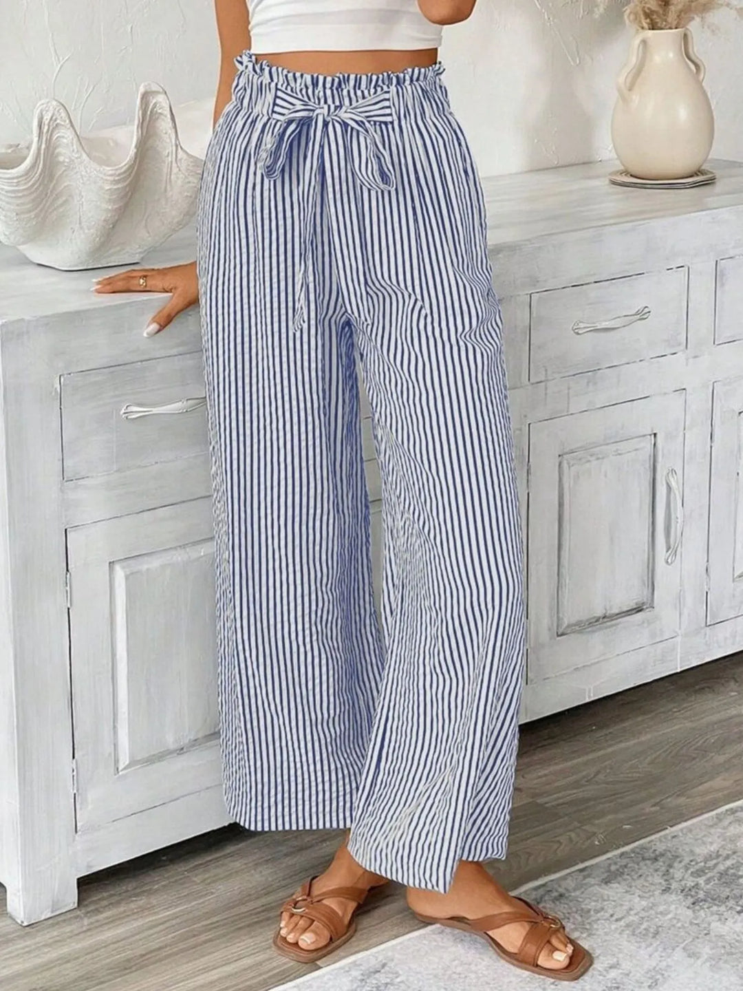 Blue Striped wide-leg paper bag pants with tie belt