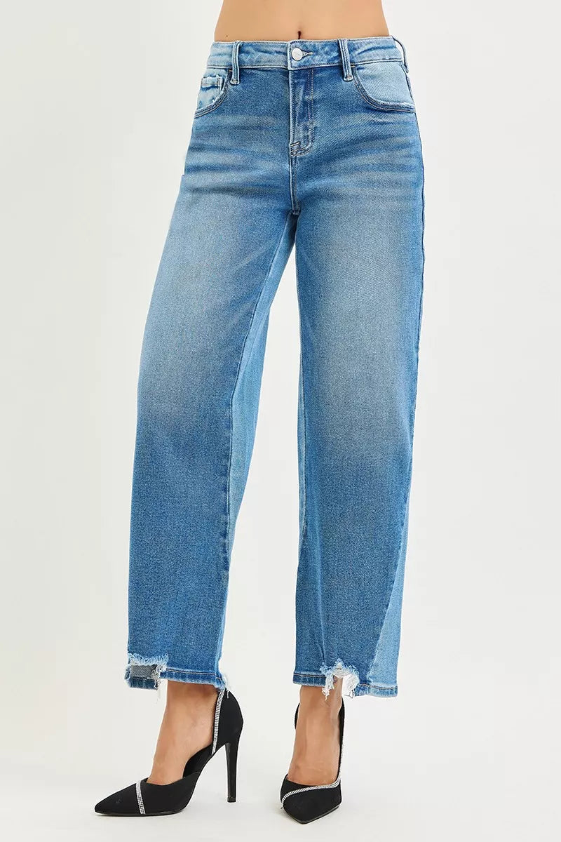 Slouchy cropped barrel-leg jeans with contrast wash and raw hem