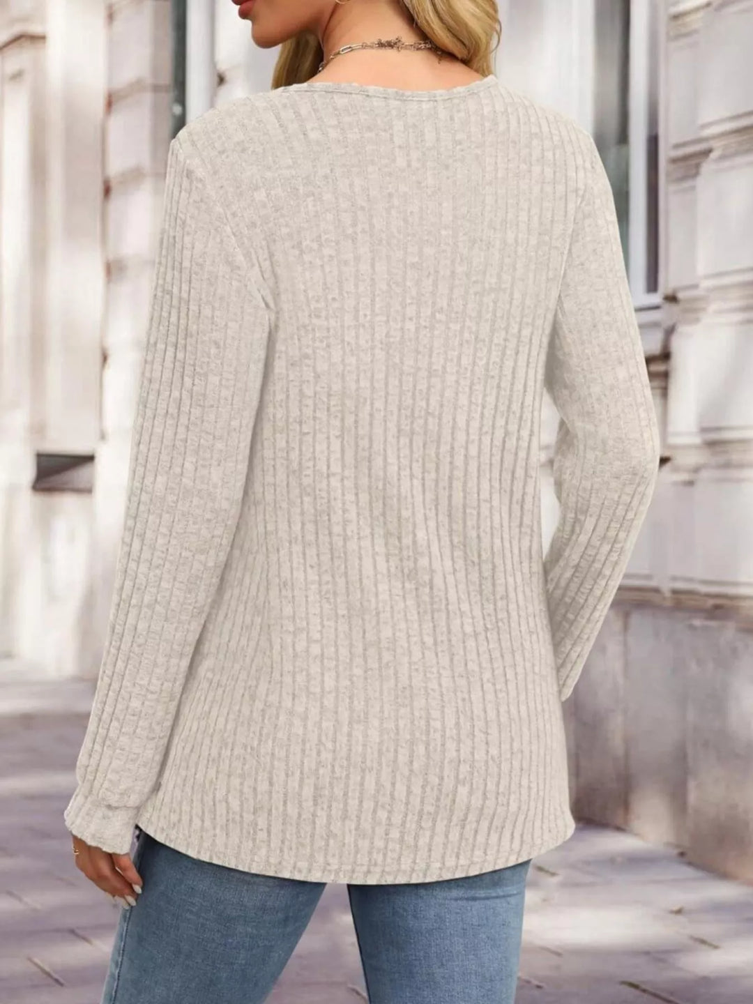 Ribbed knit button henley long sleeve top