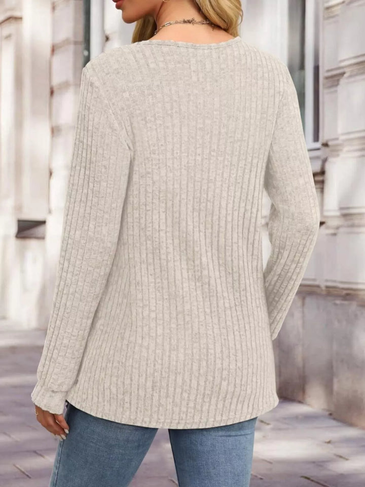Ribbed knit button henley long sleeve top