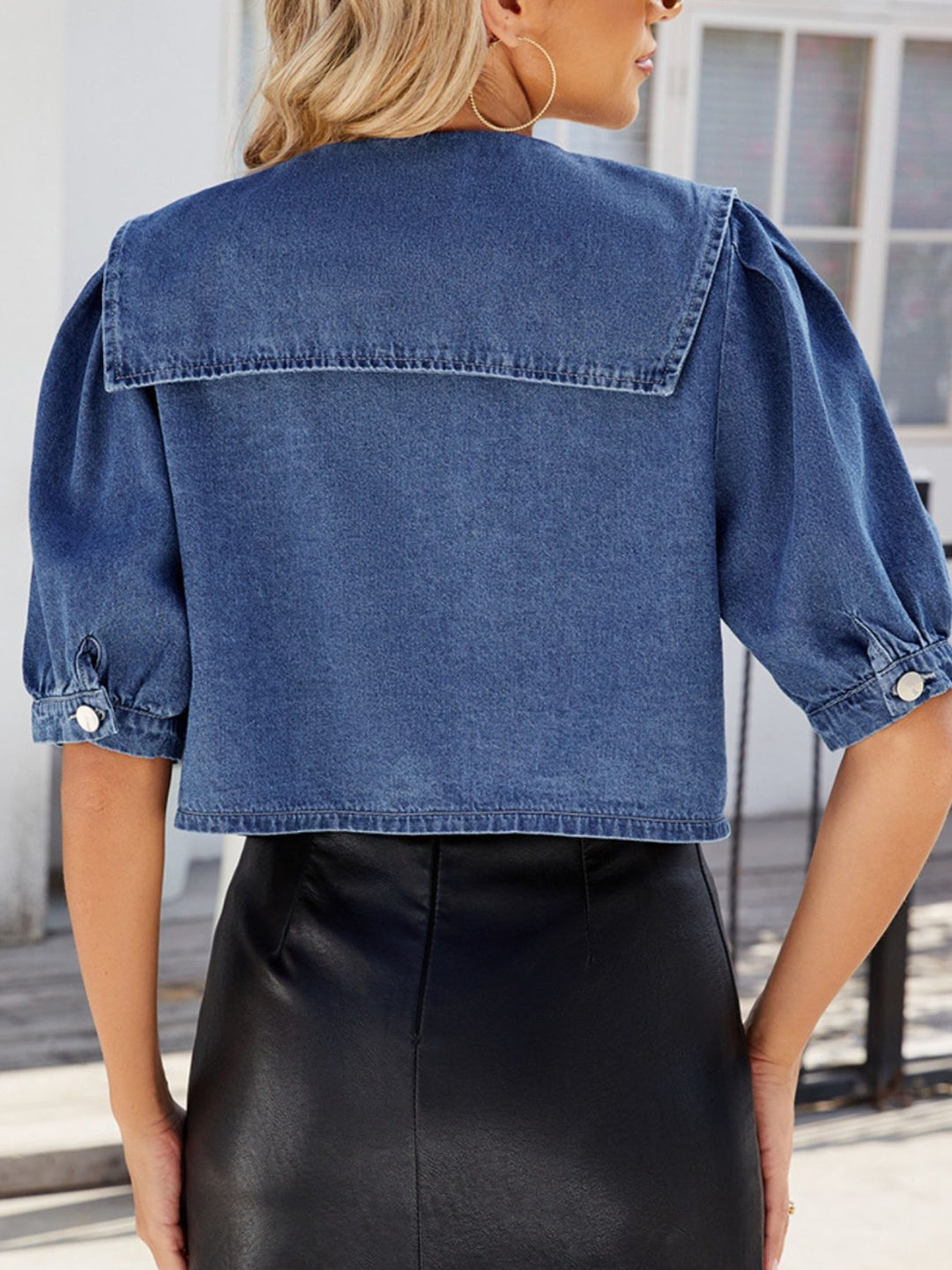Cropped puff sleeve denim button-up top with oversized collar