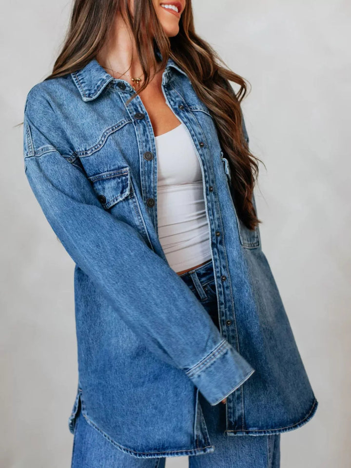 Oversized snap-front denim shacket with chest pockets