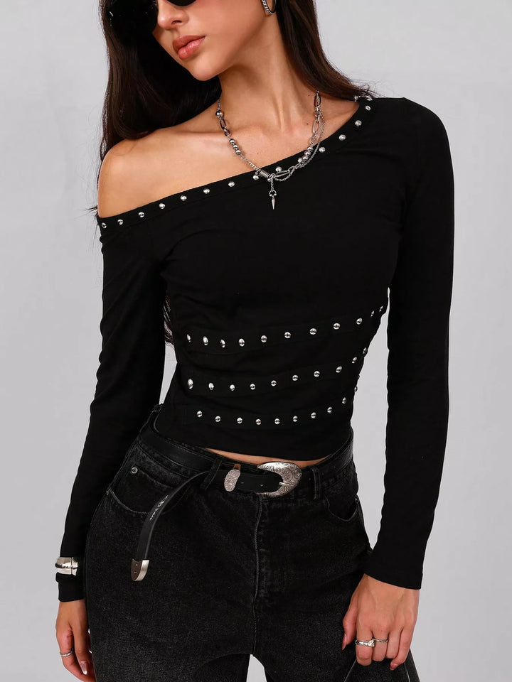 Studded one-shoulder long sleeve top with waist trim