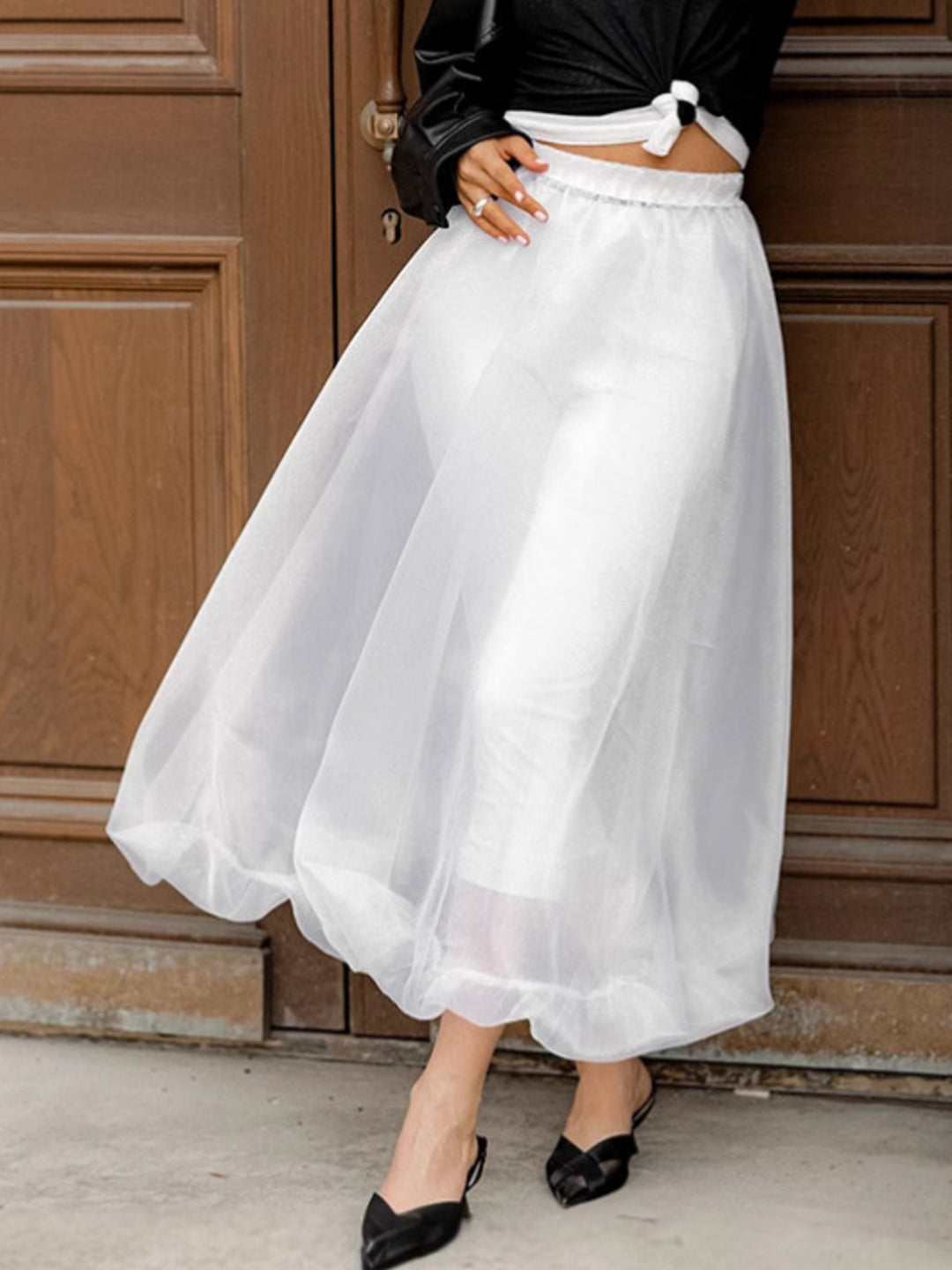 Semi-sheer flowy midi skirt with gathered elastic waist