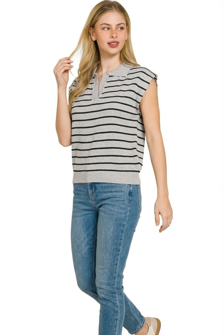 Striped collared knit top with cap sleeves