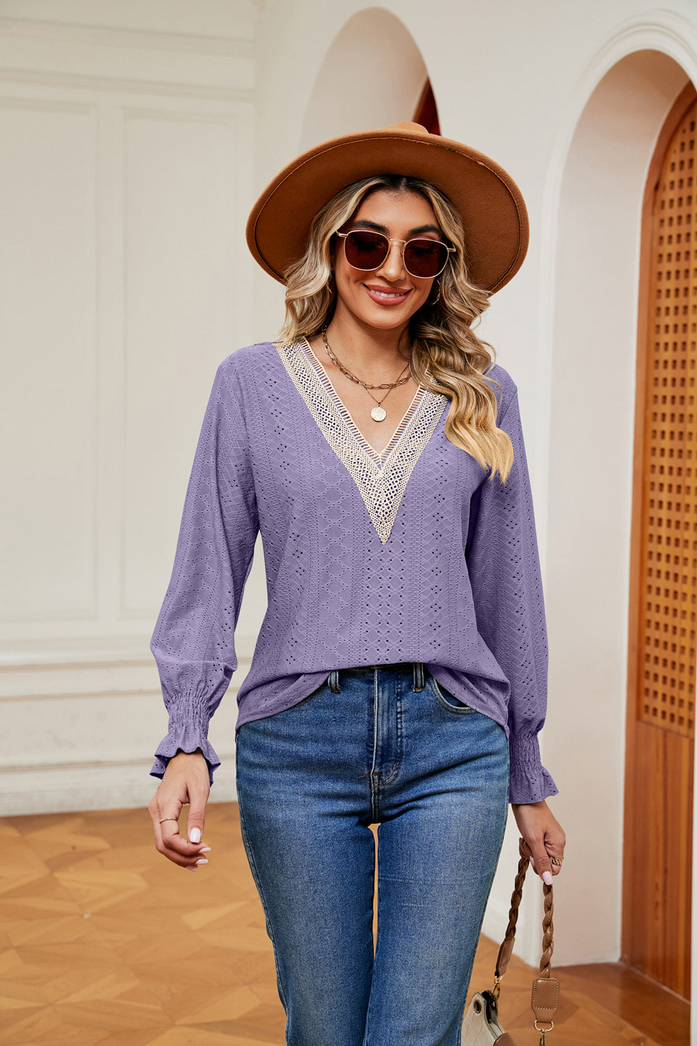 Contrast crochet V-neck eyelet blouse with flounce cuffs