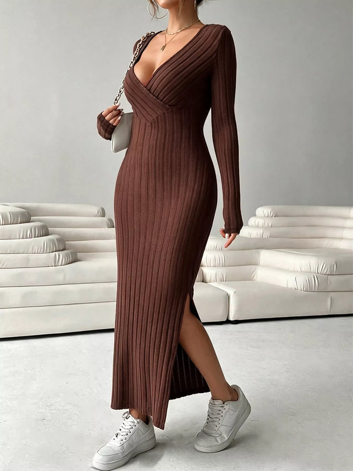 Ribbed knit maxi dress with surplice V-neck and side slit