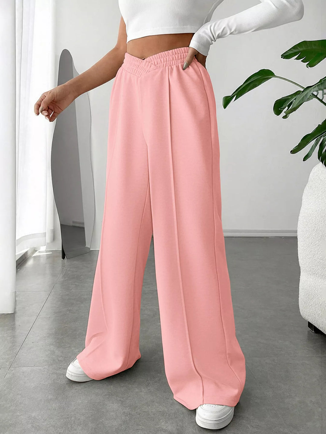 High waist wide leg pull-on pants with V-notch waistband