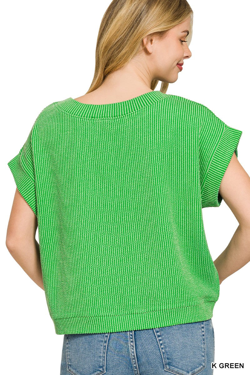 Raised rib knit cap sleeve top with round neck